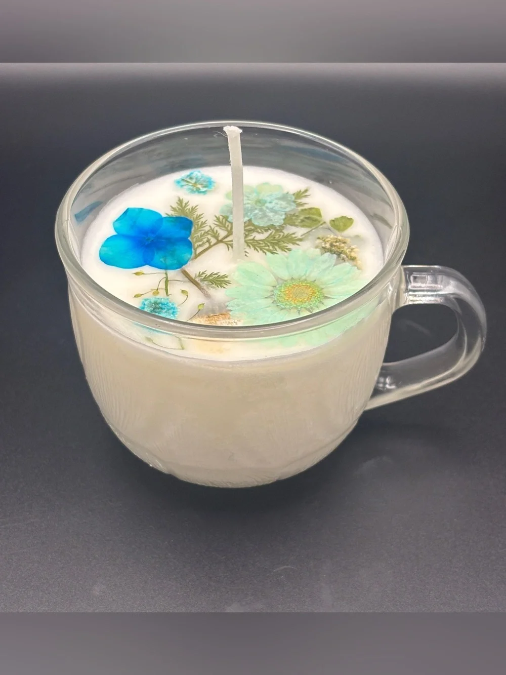 Floral Botanical Teacup Candle with Blue Accent